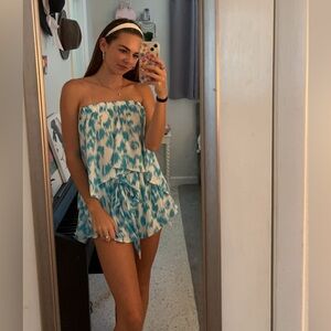 Blue and White Strapless Romper